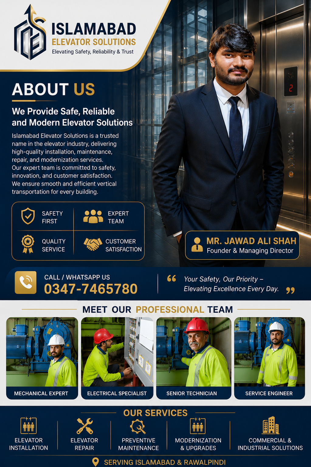 Founder Mr. Jawad Ali Shah of Islamabad Elevator Solutions standing in front of a modern elevator, alongside a professional team of elevator technicians and engineers providing installation, maintenance, repair, and modernization services in Islamabad and Rawalpindi.