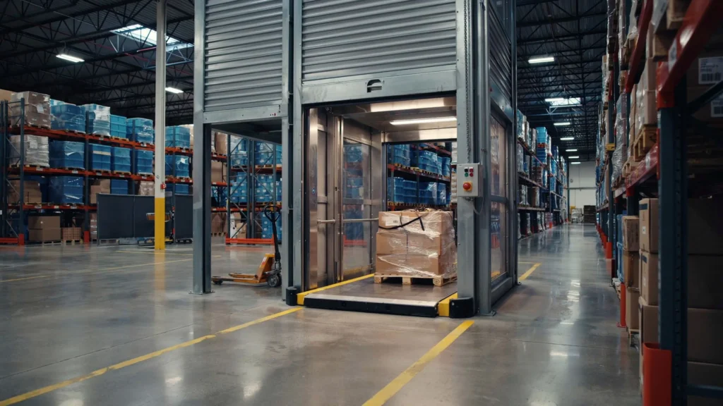 Industrial freight lift used for transporting pallets, goods, and heavy materials in a warehouse environment.