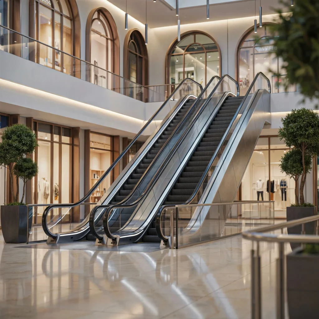 Modern twin escalators inside a stylish retail complex with glass railings and premium interior design.
