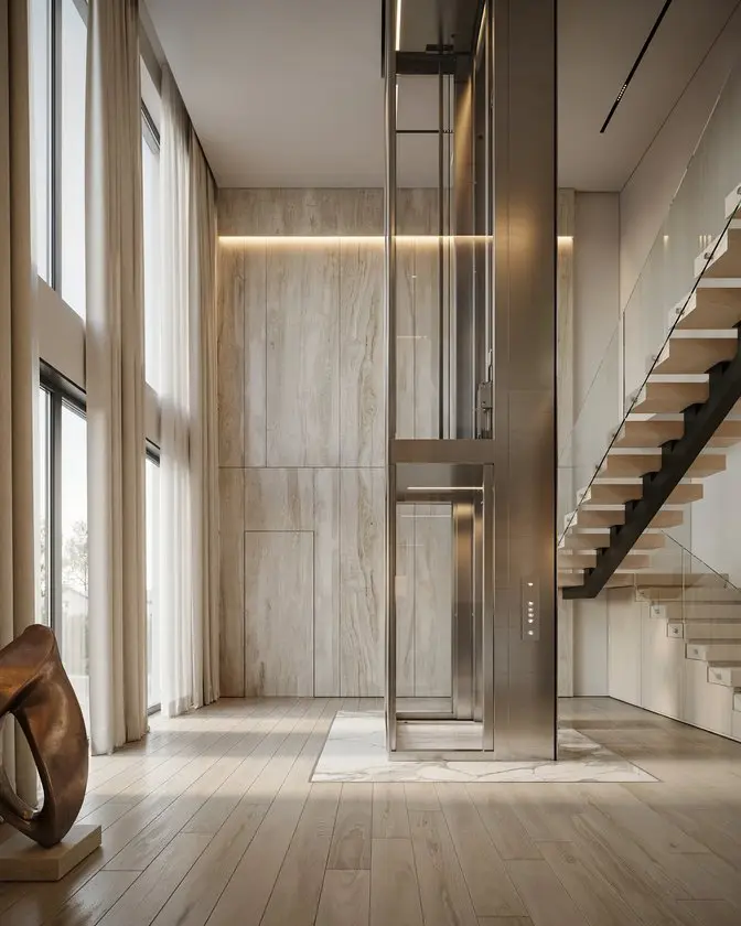 Glass residential elevator installed beside a staircase in a modern villa in Rawalpindi.