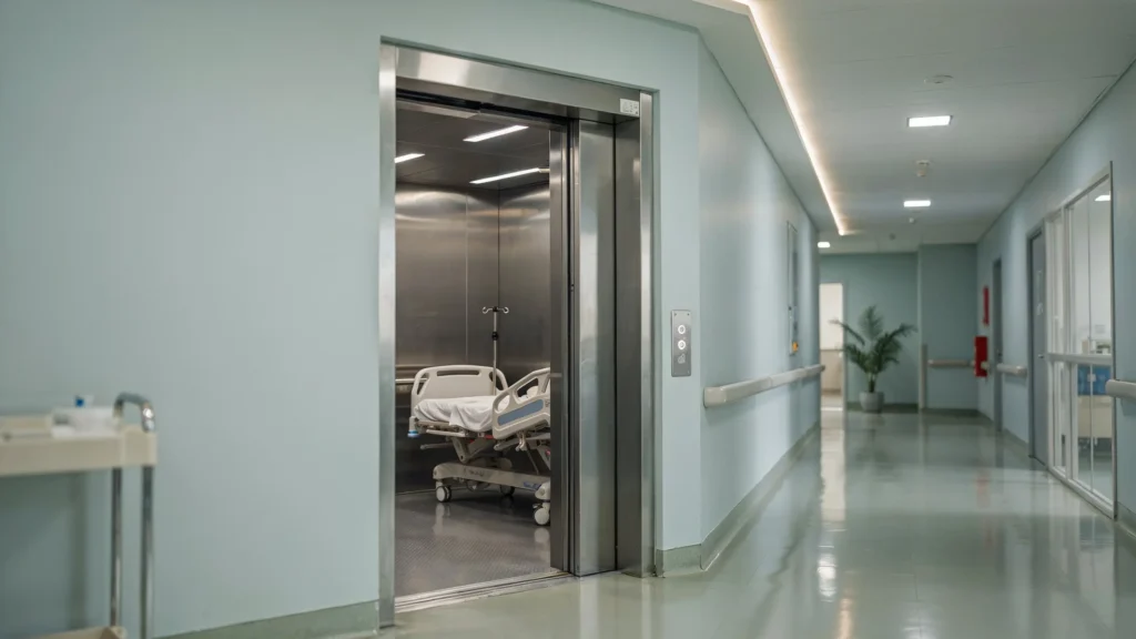 Hospital bed elevator designed for patient transport and medical equipment movement in healthcare facilities.
