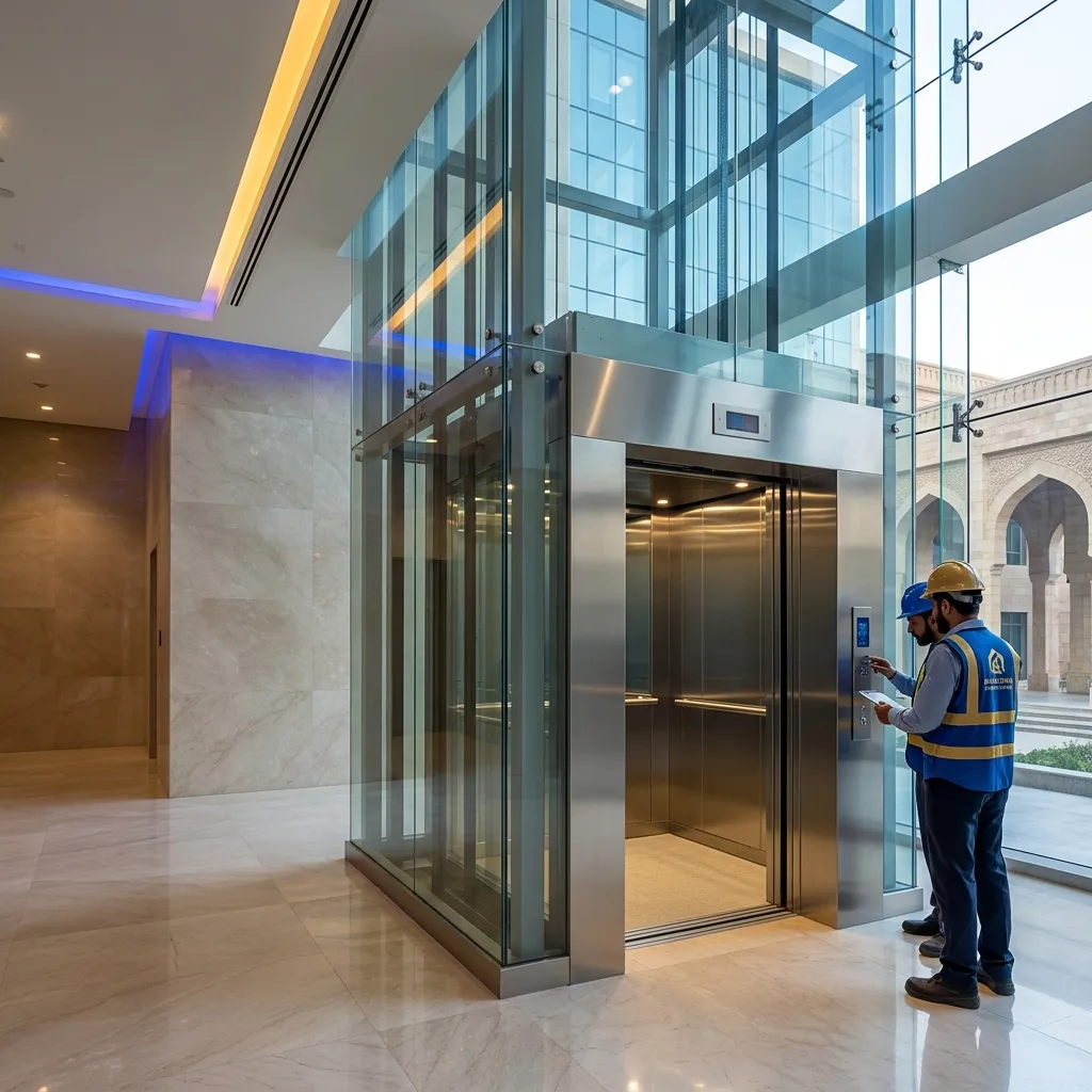 Elevator technicians inspecting a modern glass elevator system in a commercial building in Islamabad