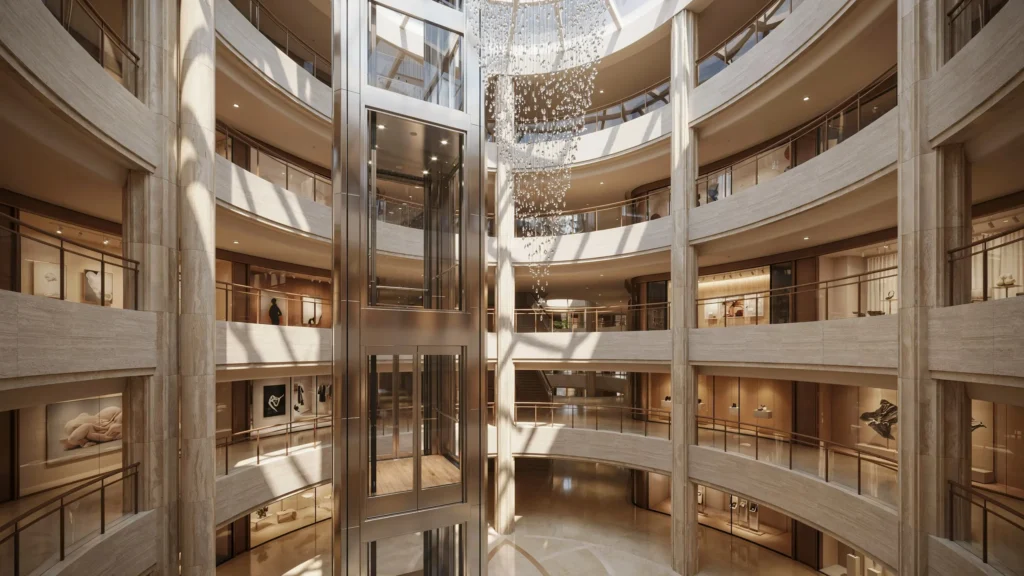 Panoramic glass elevator installed in a multi-story luxury atrium with natural skylight and elegant architectural design.