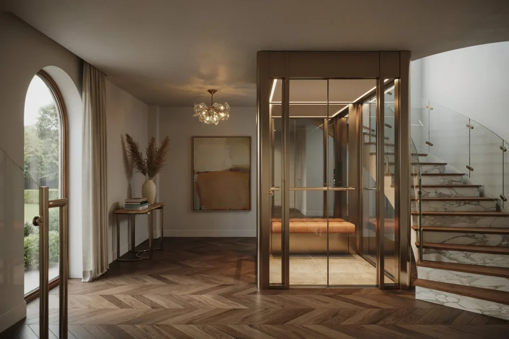 Modern residential glass elevator beside a staircase, featuring herringbone wood flooring, ambient lighting, and contemporary interior décor.