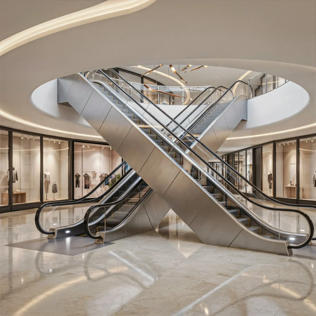 Luxury shopping mall interior featuring intersecting stainless steel escalators with modern architectural lighting.
