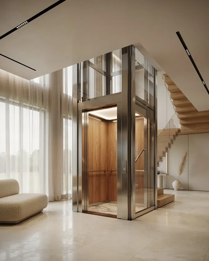 Open glass residential elevator cabin with warm wood interior in a modern home in Islamabad.