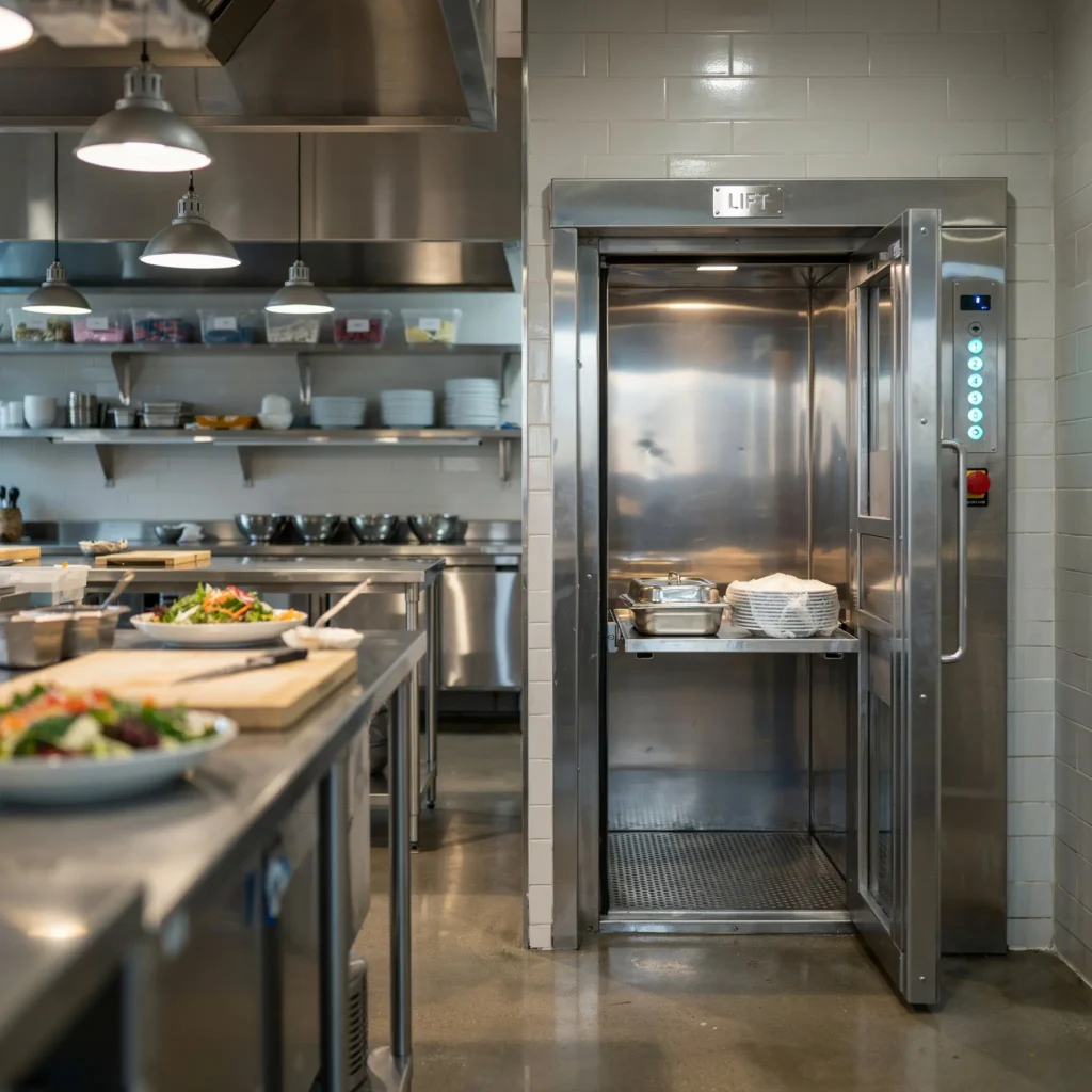 Restaurant dumbwaiter elevator carrying food trays and dishes inside a professional commercial kitchen.