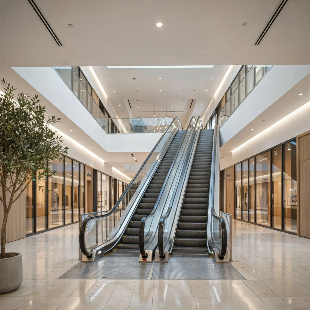 Modern escalator installation inside a luxury shopping center with spacious walkways and elegant retail storefronts.