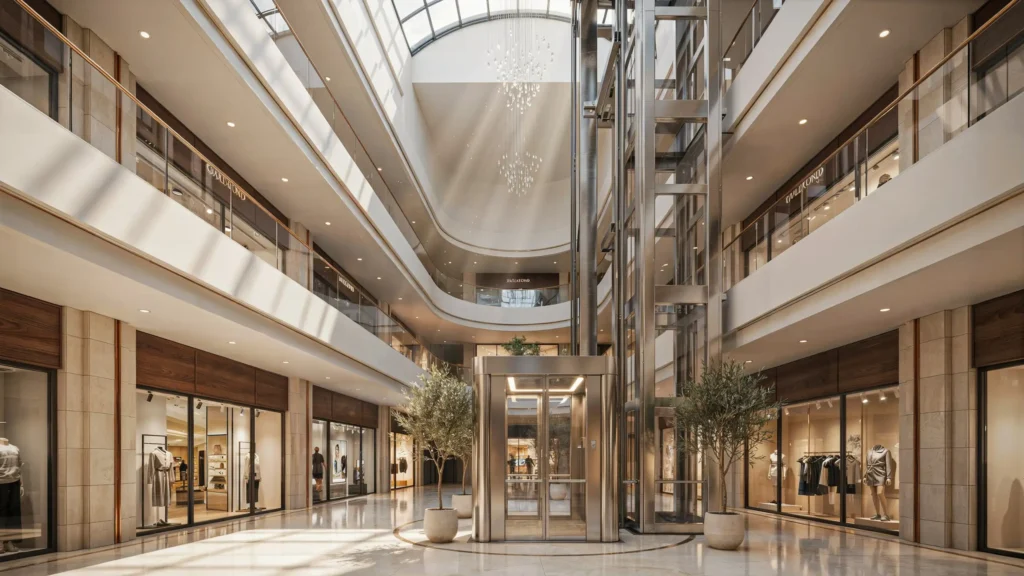 Glass elevator located in a contemporary shopping mall with retail stores, skylight ceiling, and polished flooring.