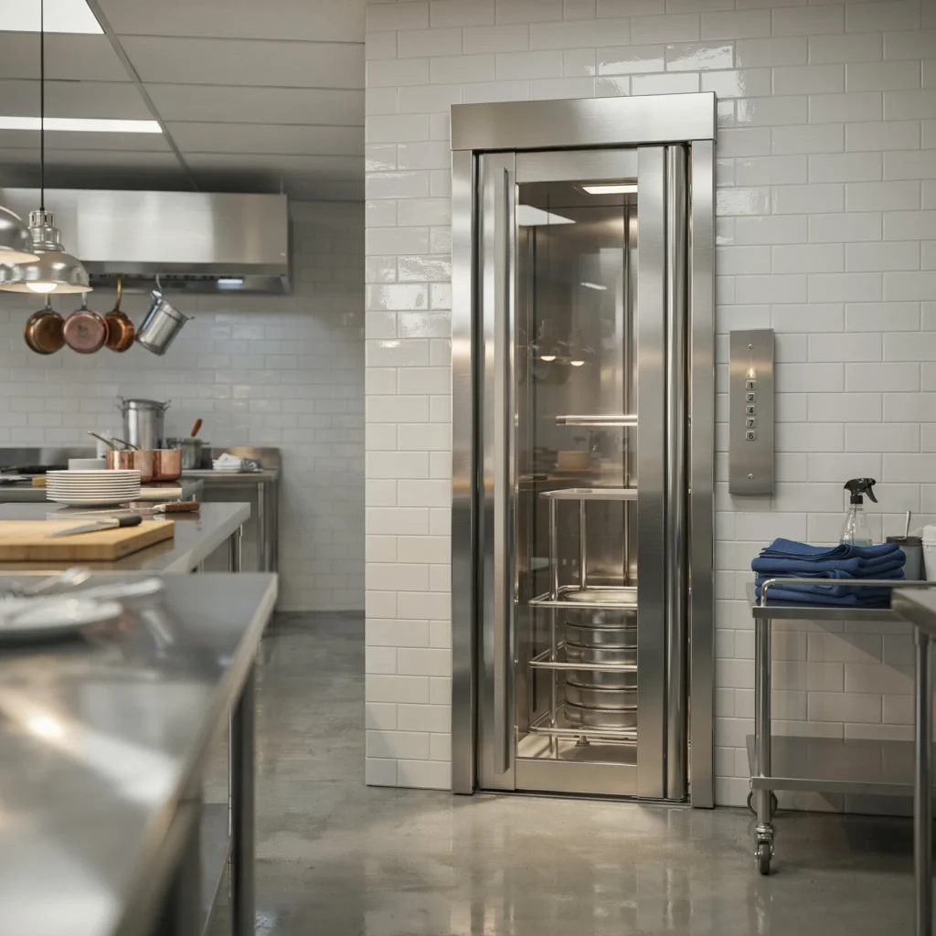 Compact stainless steel dumbwaiter lift installed in a commercial kitchen for transporting food and kitchen equipment.
