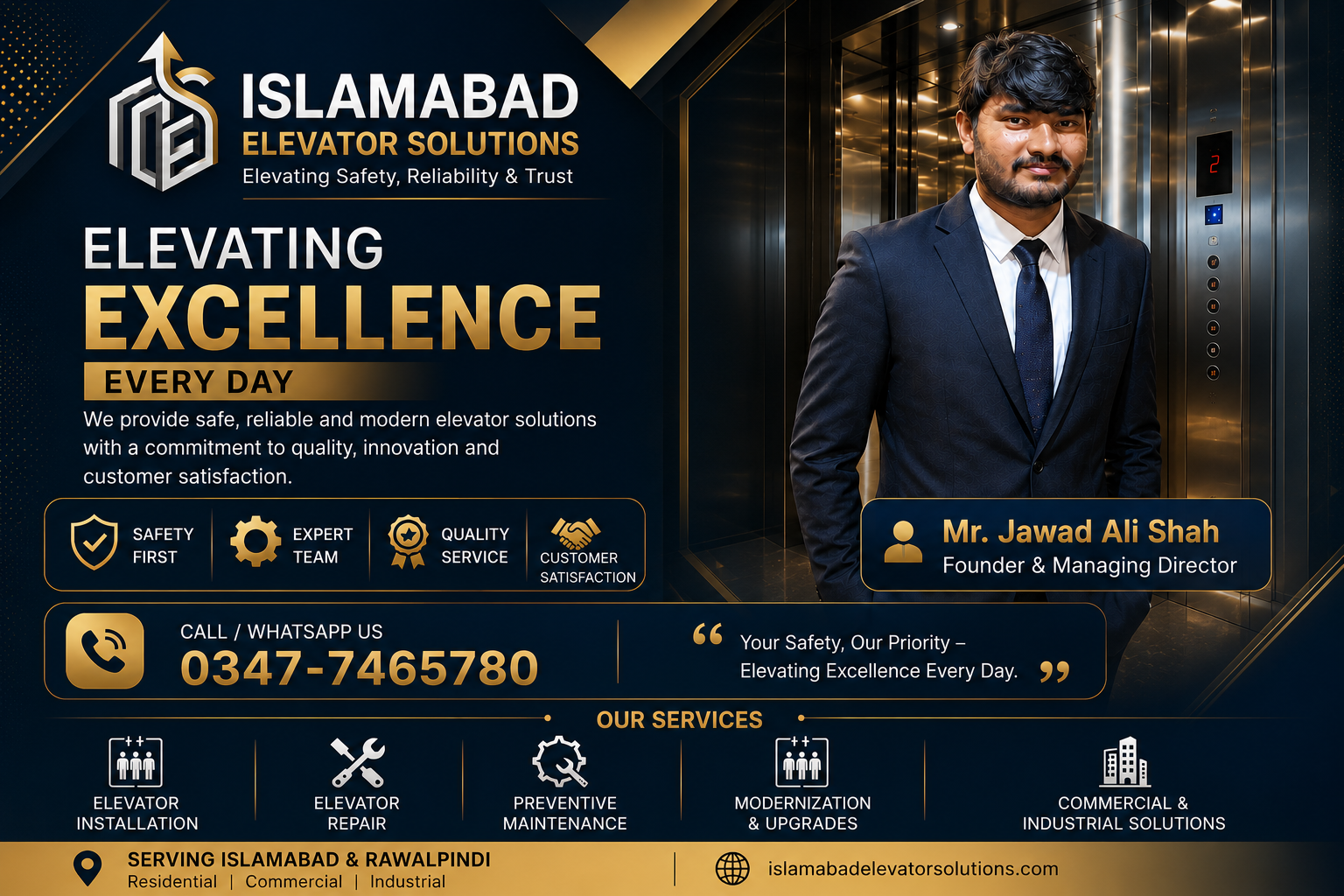 Founder of Islamabad Elevator Solutions standing in front of a modern elevator, showcasing professional elevator installation, maintenance, repair, and modernization services in Islamabad and Rawalpindi.