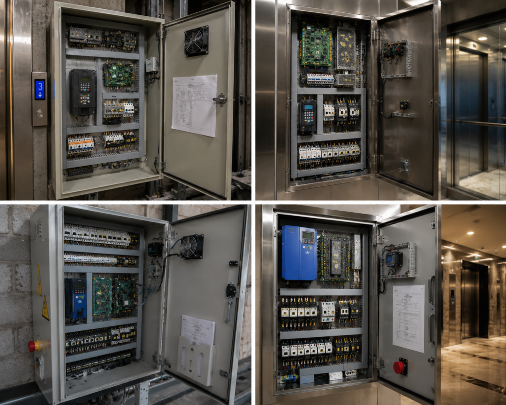 A collage of professionally installed elevator control panels with organized electrical wiring, controllers, circuit breakers, safety components, and control systems used for elevator installation, maintenance, and modernization.