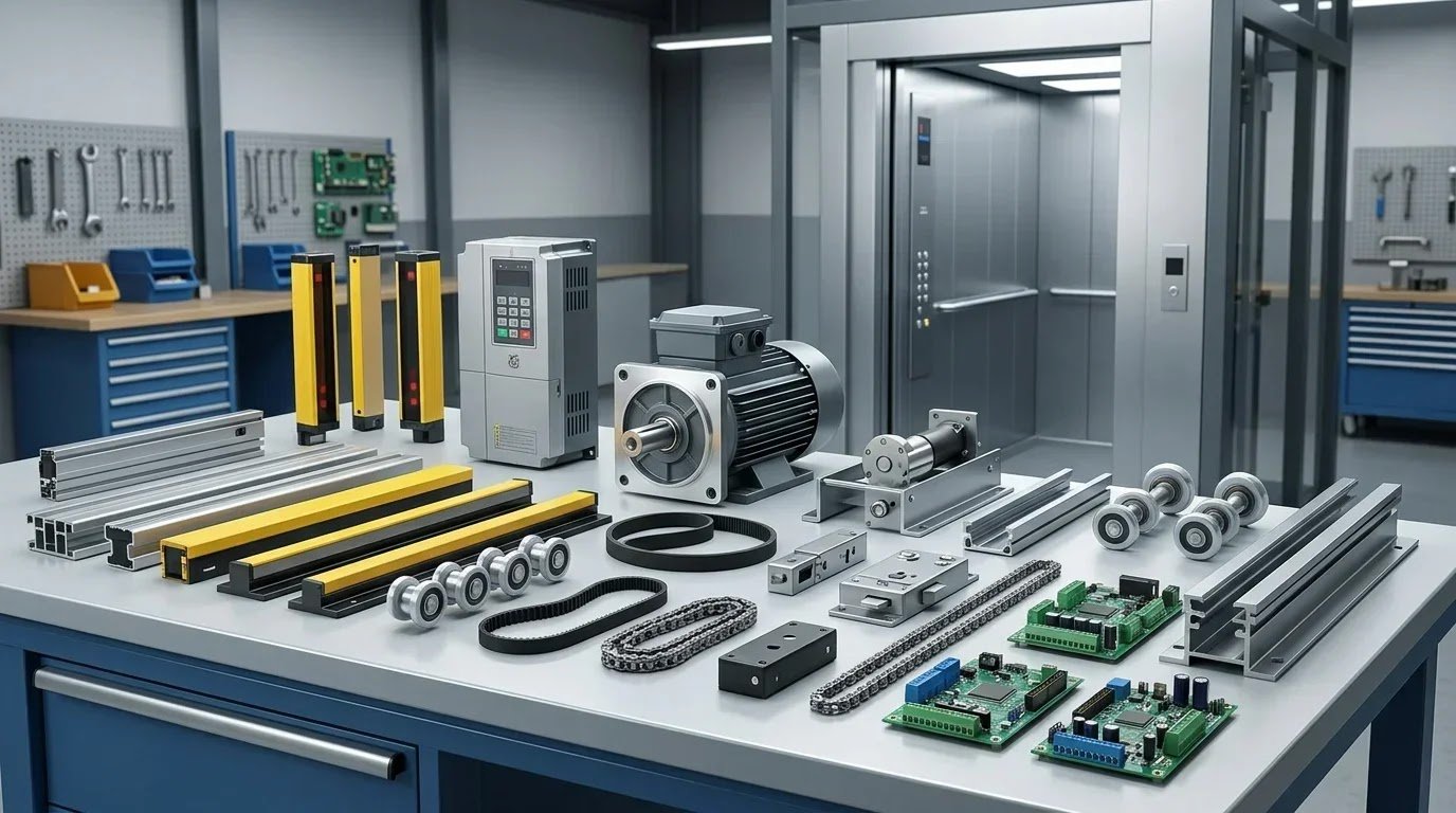 Heavy-duty aluminum elevator door track extrusion with door hangers, guide shoes, and roller assemblies on a metal workshop table.