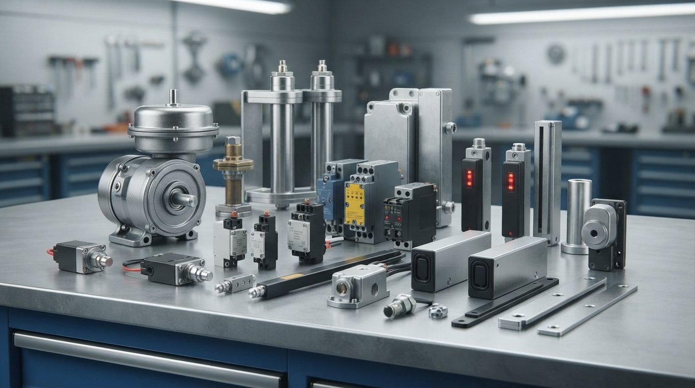 A curated collection of professional elevator safety components, including governors, sensors, and switches, arranged on a workshop bench.