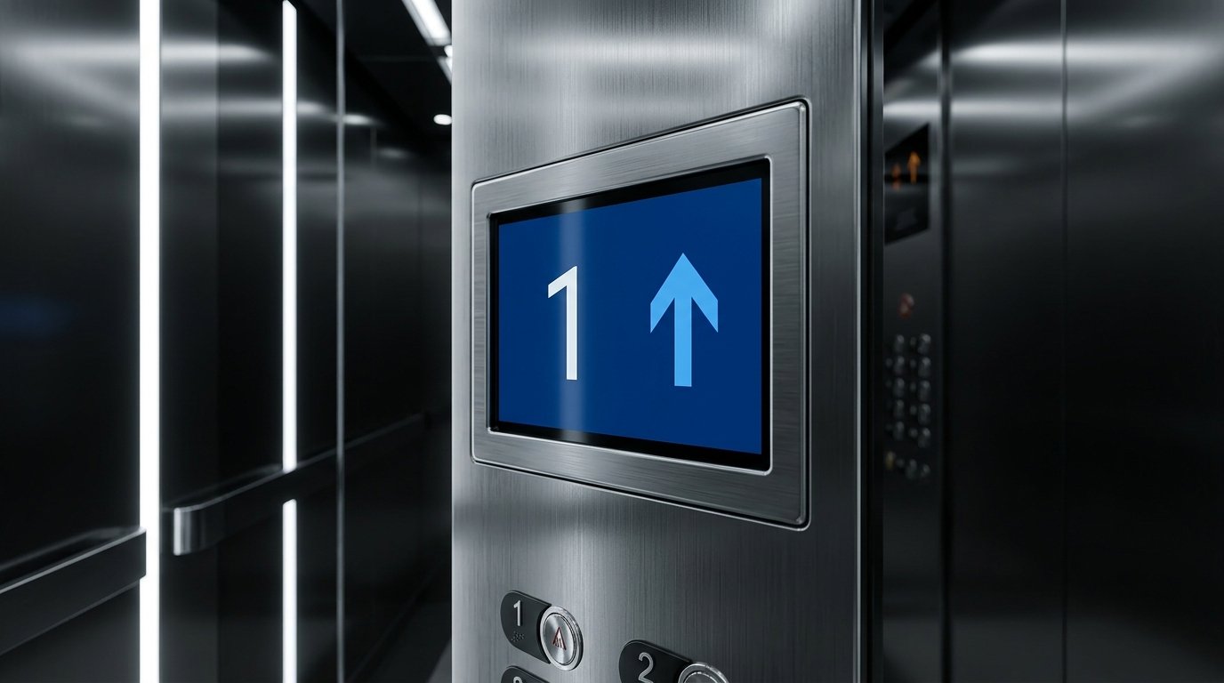A detailed close-up photograph of a modern digital LCD floor display and position indicator installed on a brushed stainless steel Car Operating Panel (COP) inside a luxury elevator cabin. The screen is illuminated in a crisp blue and white, showing a large number '1' and an upward-pointing directional arrow, set within a refined metallic bezel against a background of reflective dark metal and sophisticated linear lighting.