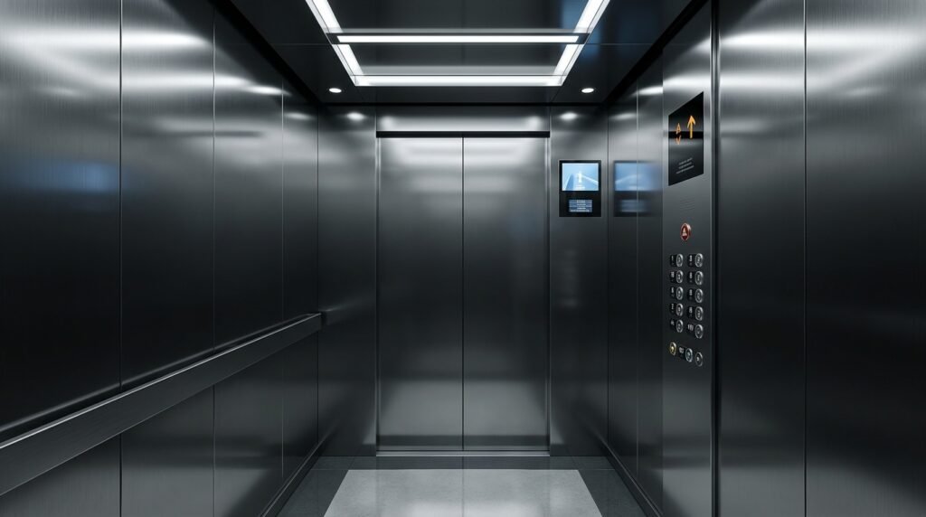 Photorealistic interior of a modern luxury passenger elevator cabin featuring brushed stainless steel walls, LED ceiling lighting, polished flooring, and a integrated Car Operating Panel (COP) with digital display and push buttons.