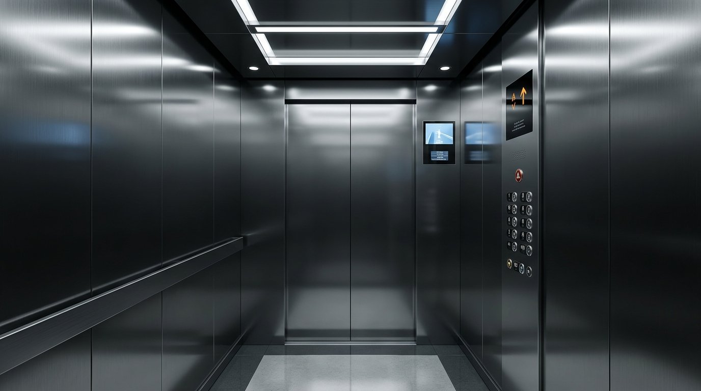 Photorealistic interior of a modern luxury passenger elevator cabin featuring brushed stainless steel walls, LED ceiling lighting, polished flooring, and a integrated Car Operating Panel (COP) with digital display and push buttons.