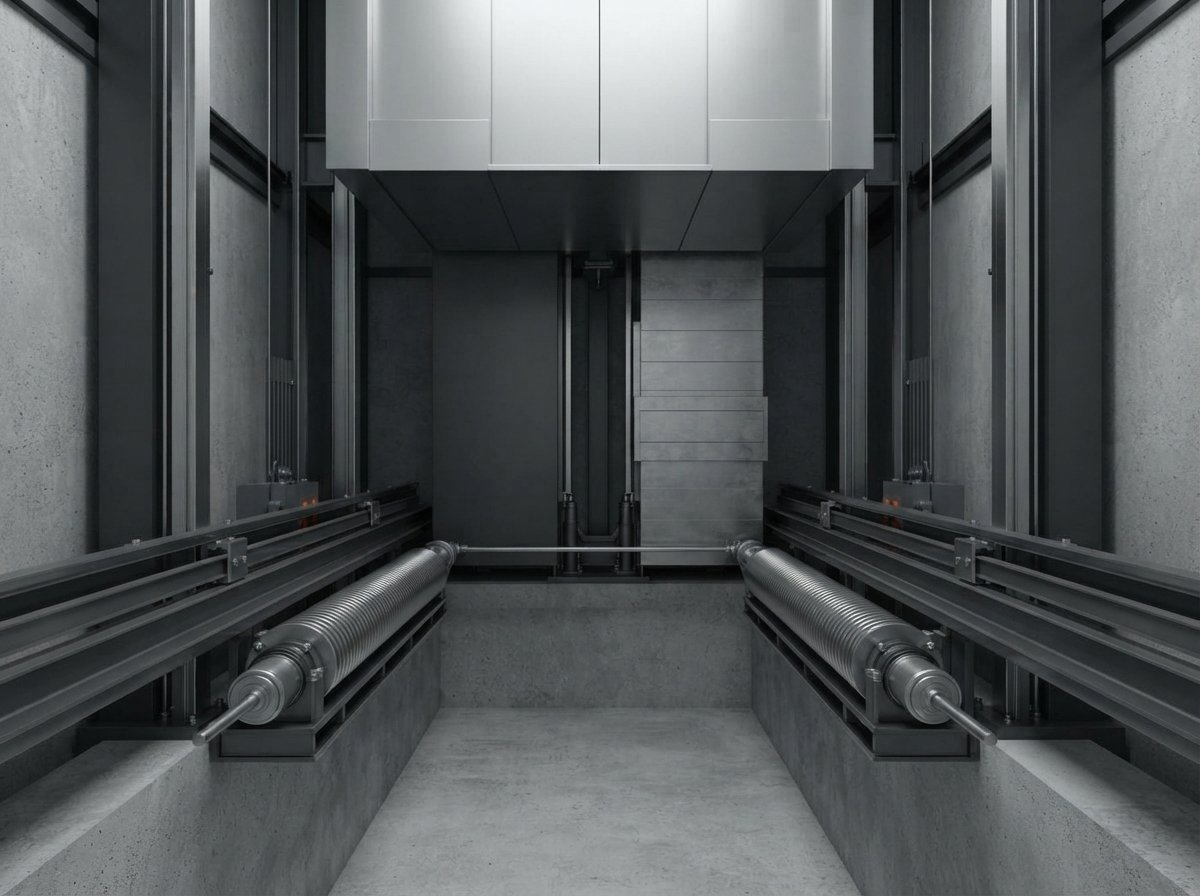 Professionally installed heavy-duty hydraulic elevator buffers at the bottom of a clean concrete elevator shaft pit.
