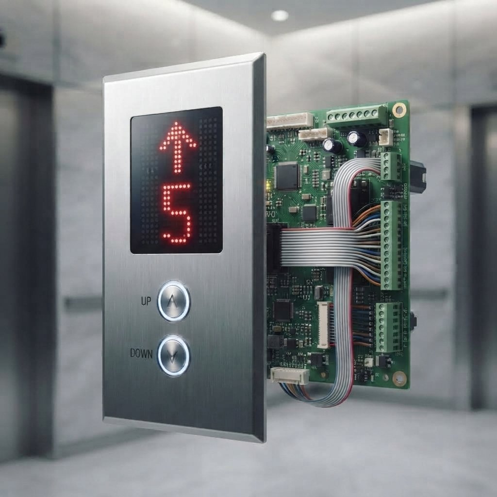 A close-up photograph of a modern elevator digital floor indicator and display printed circuit board system with LED components and connectors.