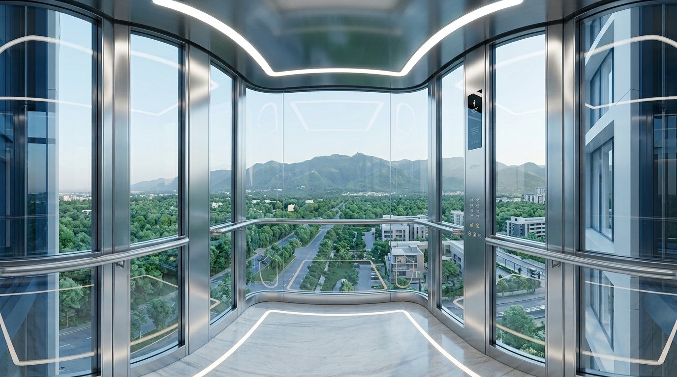 A view from inside the signature curved glass capsule elevator (consistent with the design in previous images) looking out through a modern Islamabad building facade. The perspective captures lush greenery, tree-lined roads, and the silhouette of the Margalla Hills range subtly visible in the distance under clear daylight.