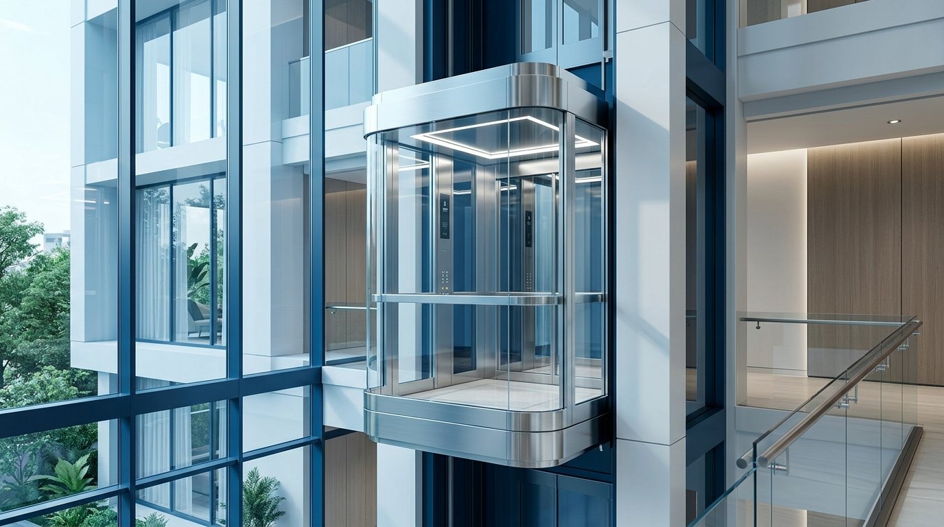 Modern glass capsule panoramic elevator with brushed stainless-steel frame inside a luxury building atrium in Islamabad.