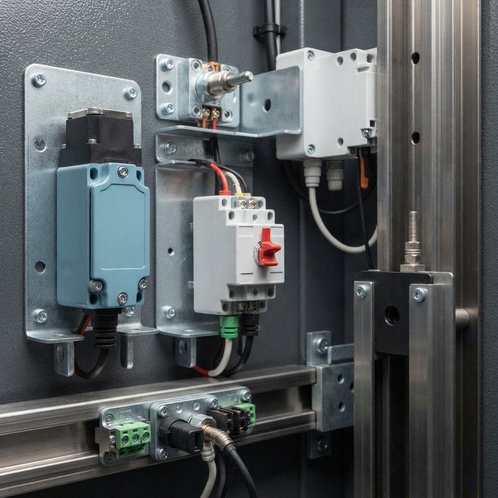 Close-up of industrial elevator limit switches and safety switches mounted on a guide rail inside a shaft.