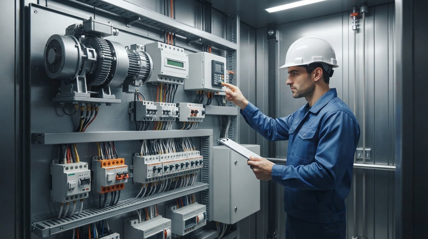 Professional elevator technician inspecting a modern elevator safety system and control cabinet in a machine room.