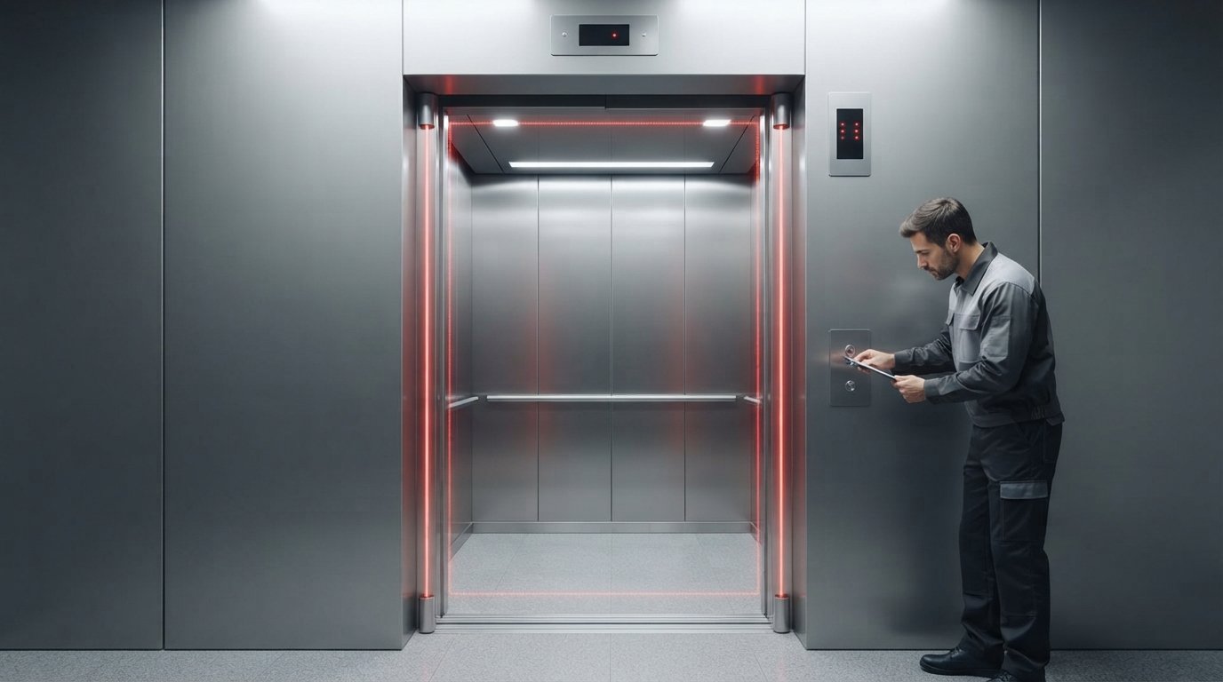 A professional technician inspecting a modern passenger elevator door equipped with an advanced infrared light curtain safety system.