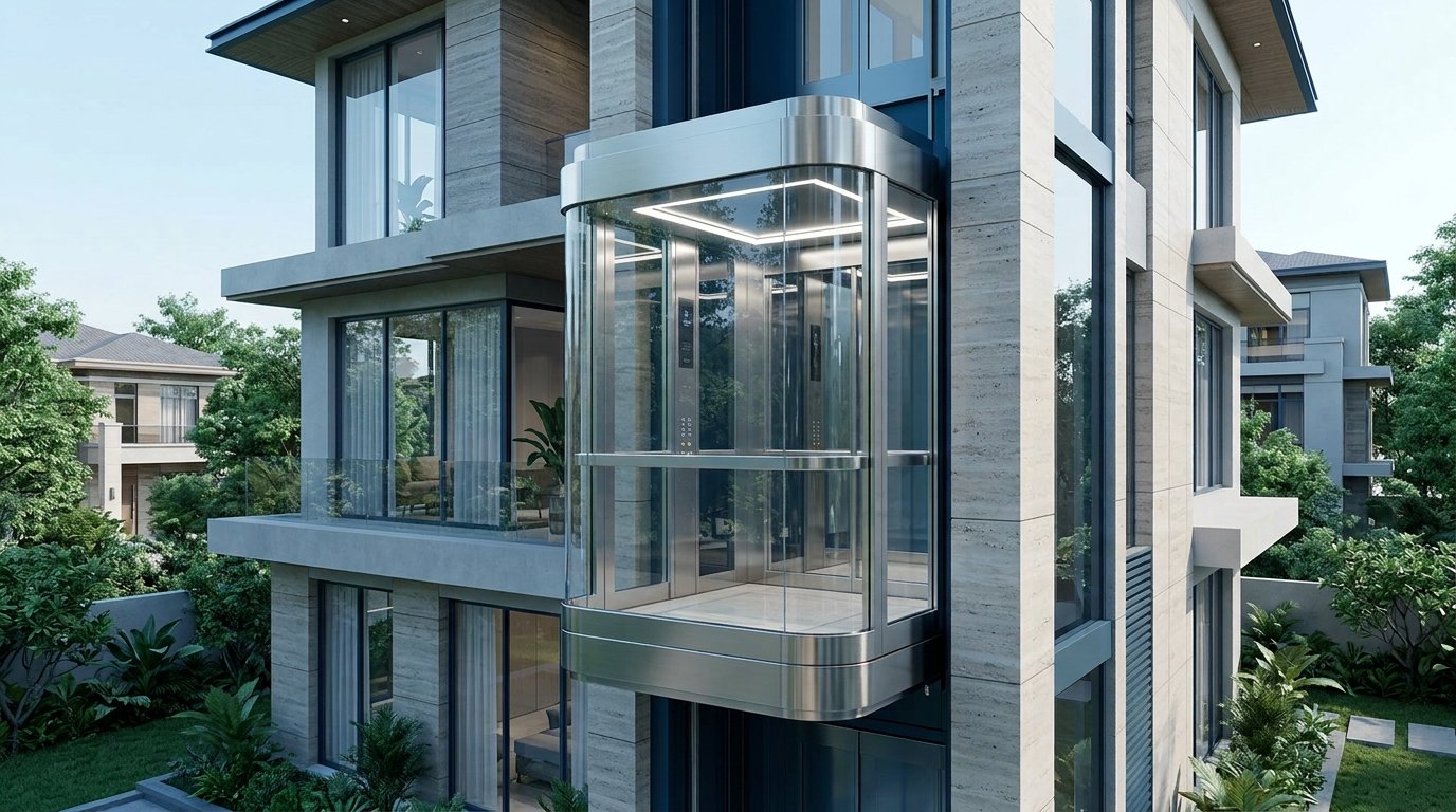 External view of a modern luxury house in Islamabad featuring an integrated transparent glass capsule elevator, consistent in design with the previous hotel installation, rising along the contemporary facade.