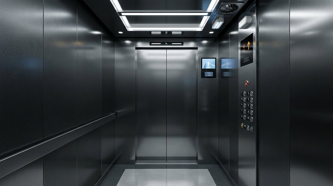 A photorealistic interior view of a modernized passenger elevator cabin with sophisticated dark metallic paneling, brushed stainless steel, and integrated LED lighting. A sleek Car Operating Panel (COP) is visible on the right wall, featuring a generic floor number LCD display, and the floor is a polished, reflective material.