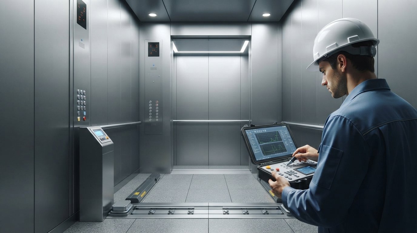 A professional technician inspecting the floor-level load sensing equipment inside a modern passenger elevator cabin.
