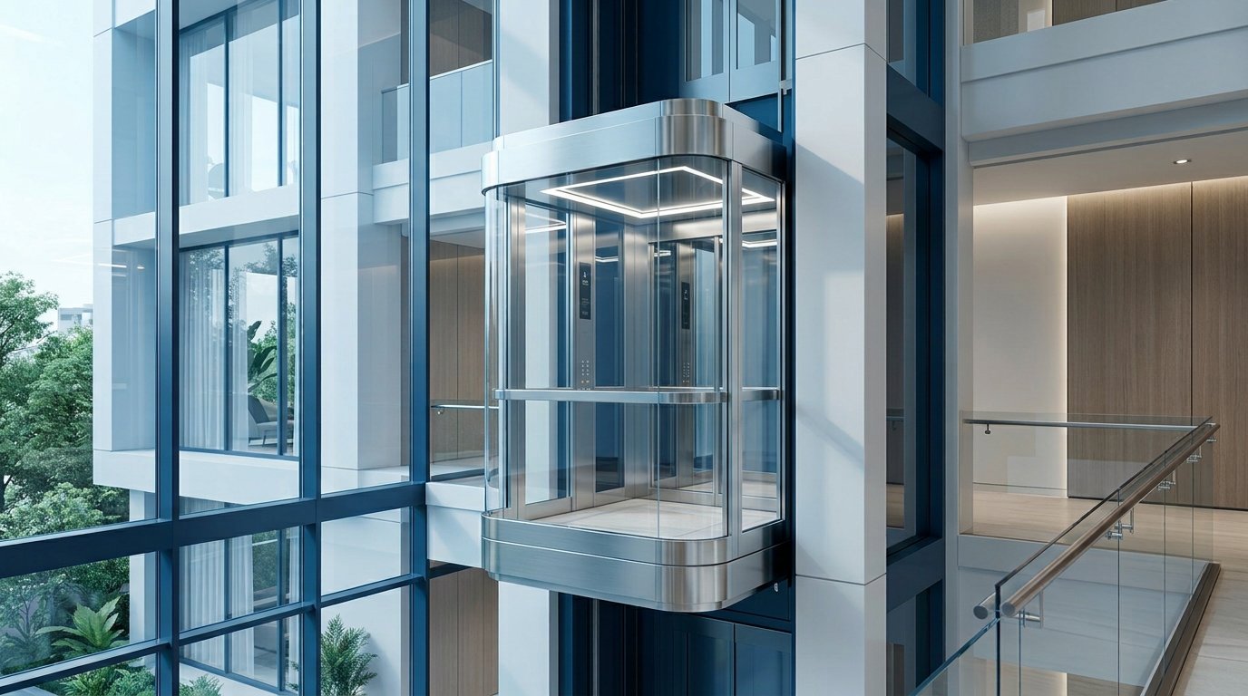A sleek, transparent glass capsule elevator, featuring the same curved stainless steel design seen previously, moves vertically through a multi-story luxury hotel atrium in Islamabad. The surrounding architecture is modern, with marble floors, glass balustrades, decorative plants, and soft, warm interior lighting.