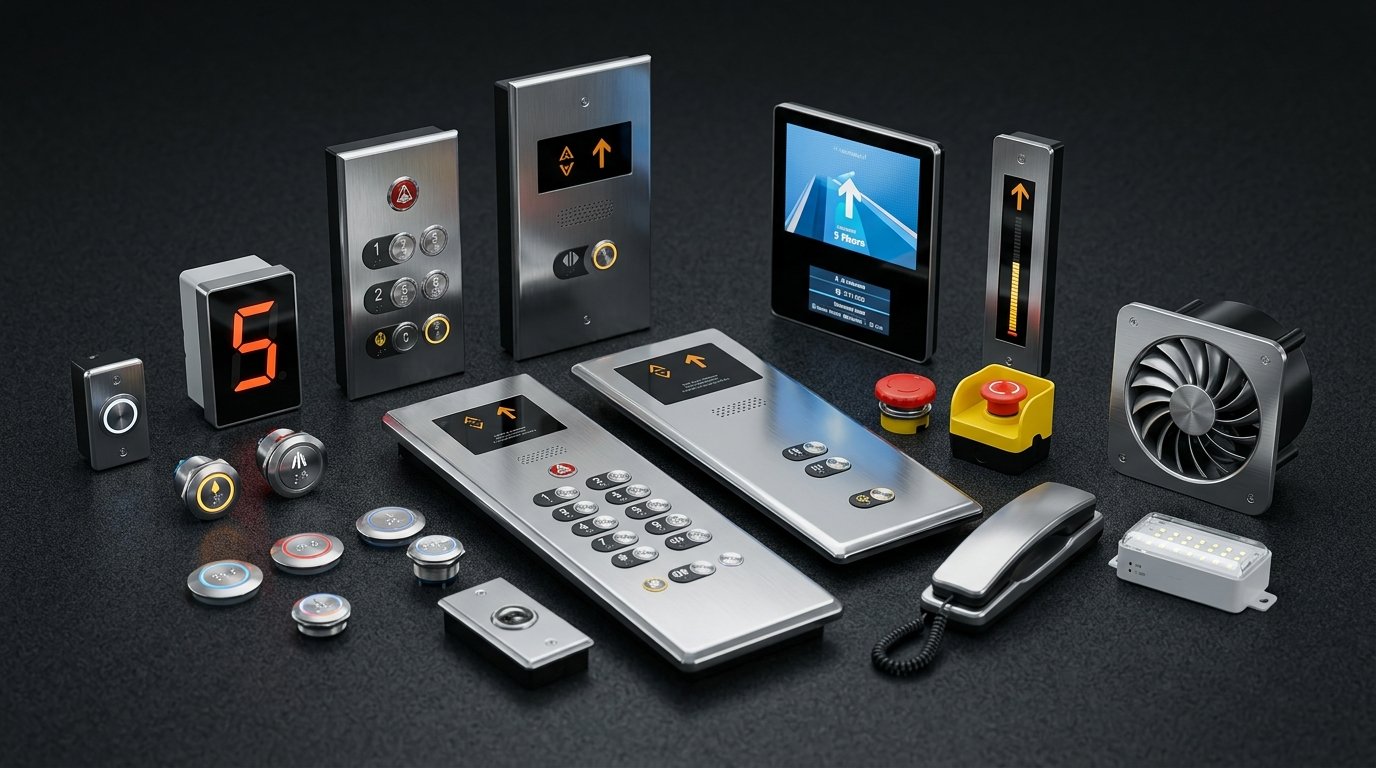 A professional product showcase photograph of a comprehensive collection of modern elevator cabin components, including various stainless steel push buttons, Car Operating Panels (COP), Landing Operating Panels (LOP), digital displays, position indicators, emergency lighting, a ventilation fan, and an intercom handset, all arranged on a dark, textured surface. The image highlights the detailed metallic finishes and modern design suitable for premium corporate buildings in Pakistan.
