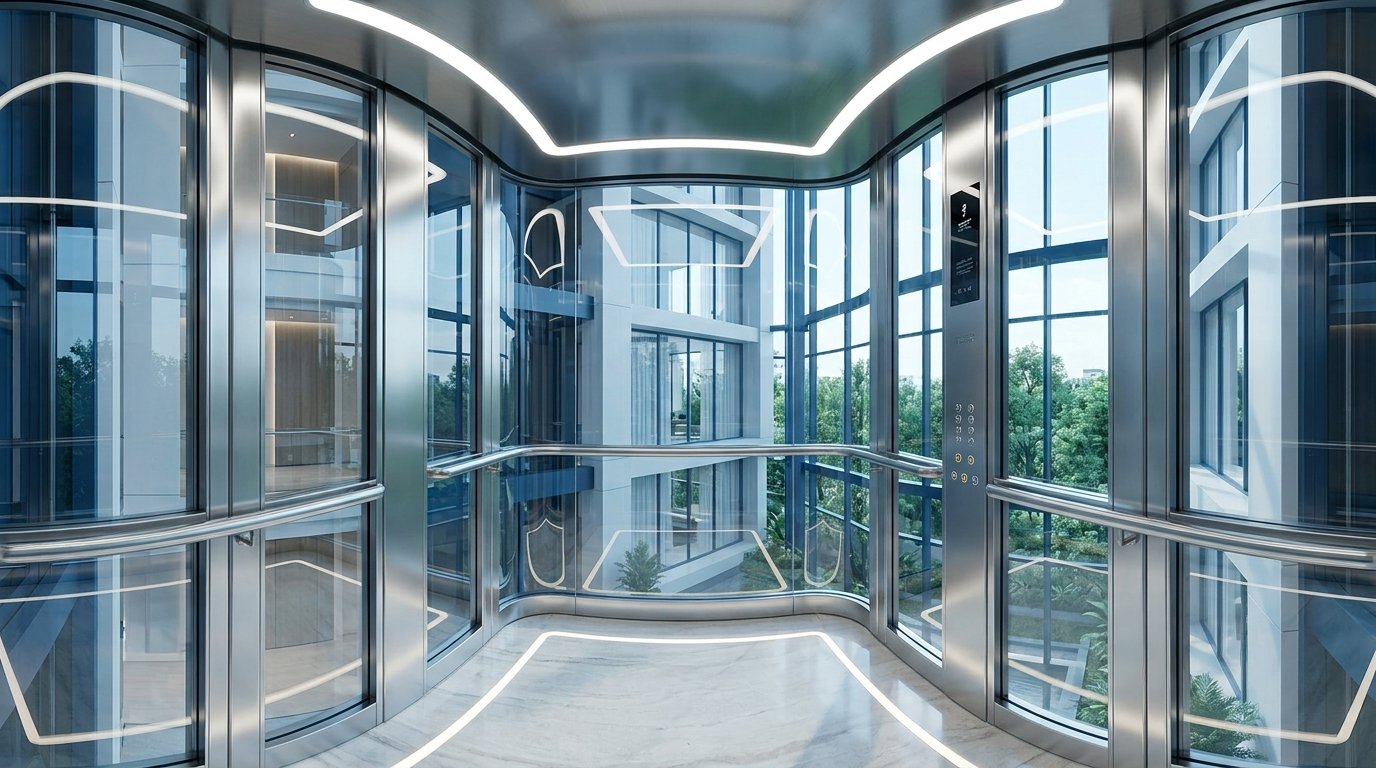 Interior view of a spacious luxury glass capsule elevator cabin with curved panels and modern lighting overlooking a building in Islamabad.