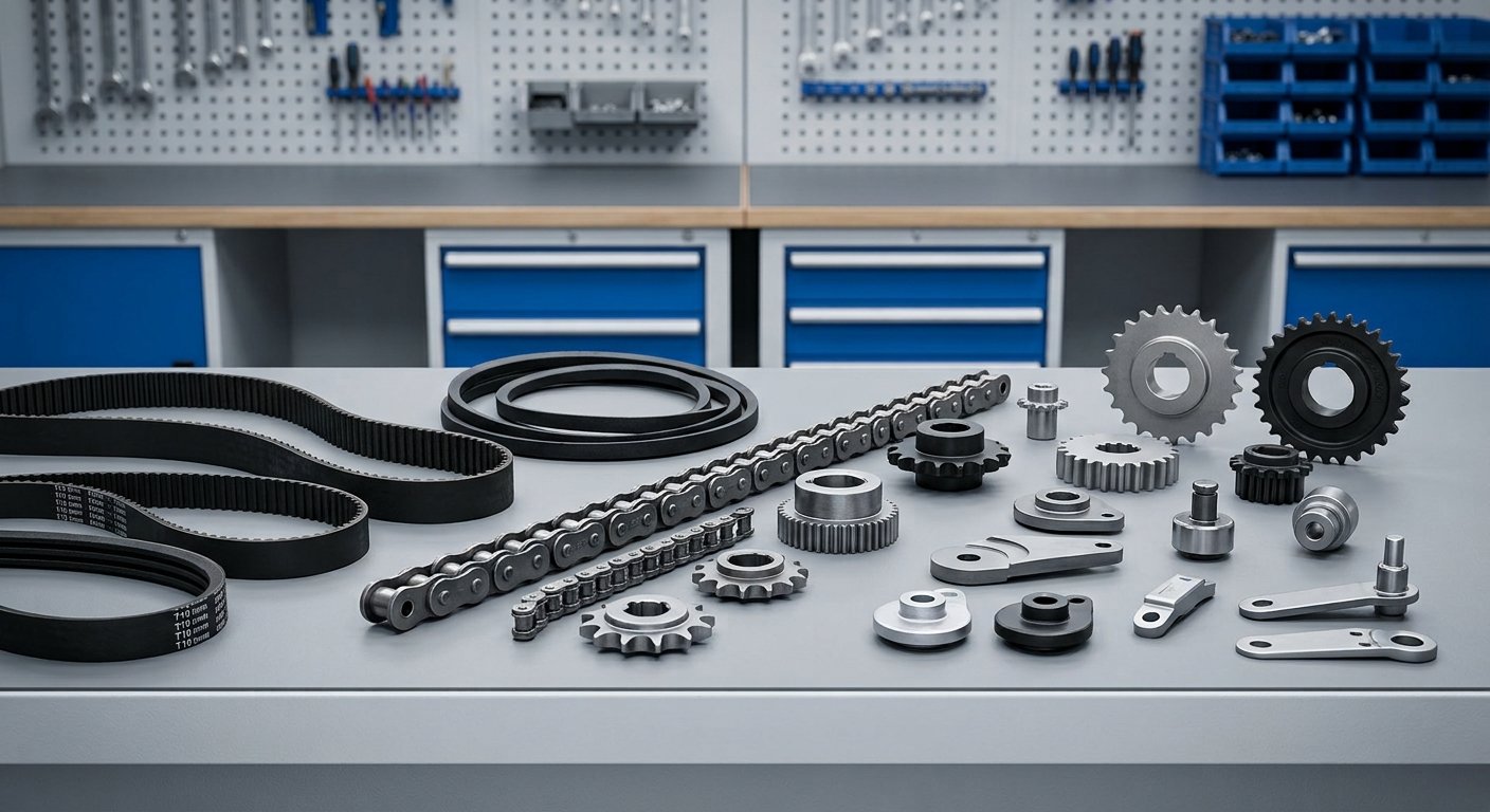 A systematic display of mechanical elevator door operator components including synchronous timing belts, industrial roller chains, sprockets, and precision-engineered cams on a workbench in an engineering workshop.