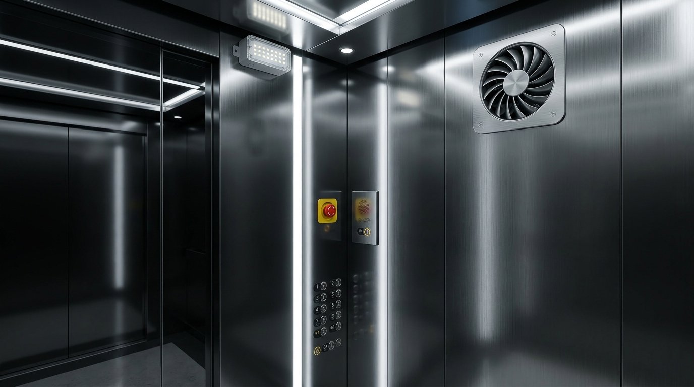 A photorealistic interior view of a premium modern commercial elevator cabin in Islamabad, Pakistan, highlighting its integrated comfort and safety components. The sophisticated brushed stainless steel and dark charcoal cabin features elegant vertical linear LED lighting. Integrated into the top-right stainless steel panel is a modern cabin ventilation fan with a multi-blade design. Just below the linear light on the side wall is a distinct red emergency alarm button with a yellow surround, and a sleek, stainless steel intercom speaker and microphone grille. The reflective floor shows a subtle polished surface. The atmospheric lighting casts sophisticated reflections on the metallic finishes, conveying a high-end corporate aesthetic with no people, logos, or readable text.
