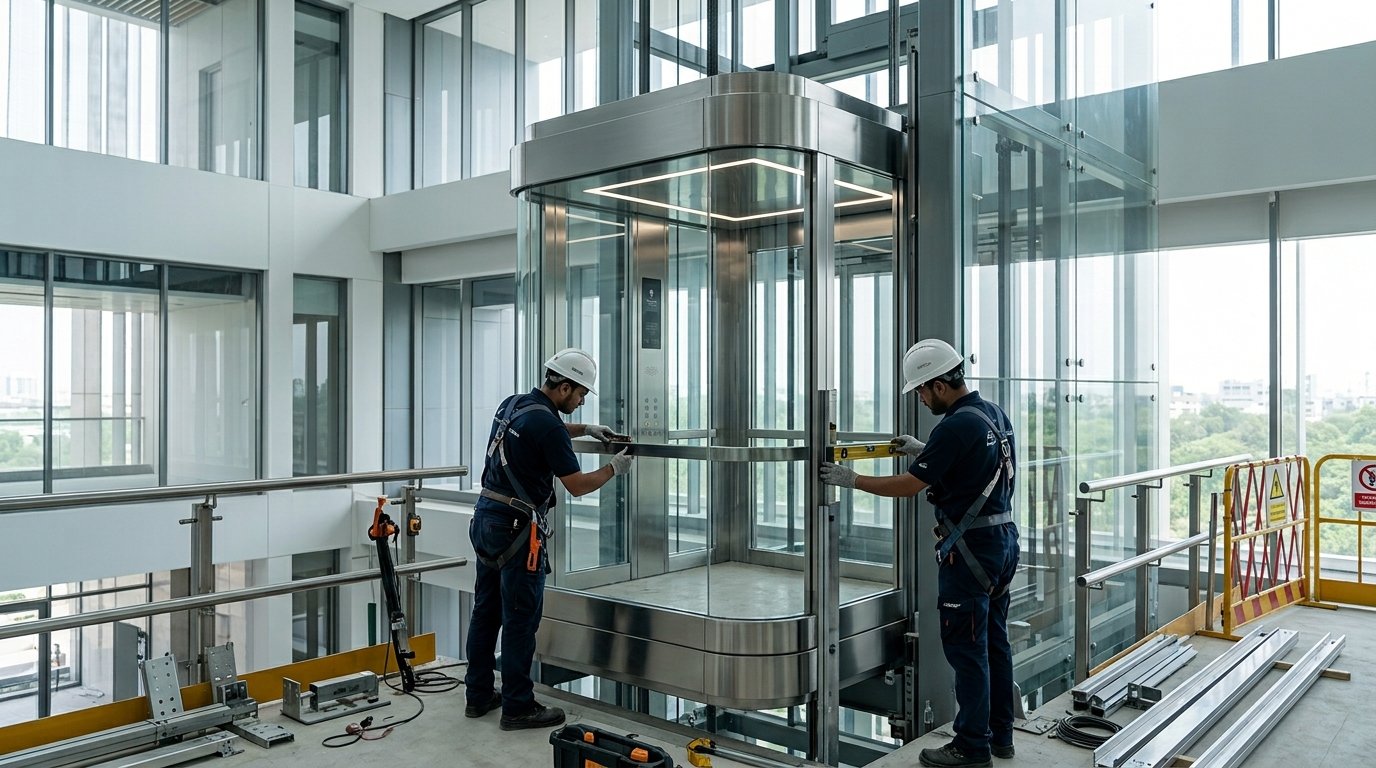 Two certified elevator technicians wearing hard hats and safety harnesses carefully install the signature curved glass panoramic capsule cabin (consistent with the design in previous images) onto precision guide rails within a modern, multi-story building atrium in Islamabad, Pakistan. Tools and safety barriers are visible in the clean construction environment.