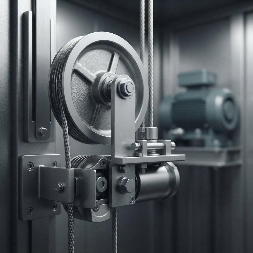 Close-up of a precision-engineered elevator overspeed governor wheel and steel safety rope in a machine room