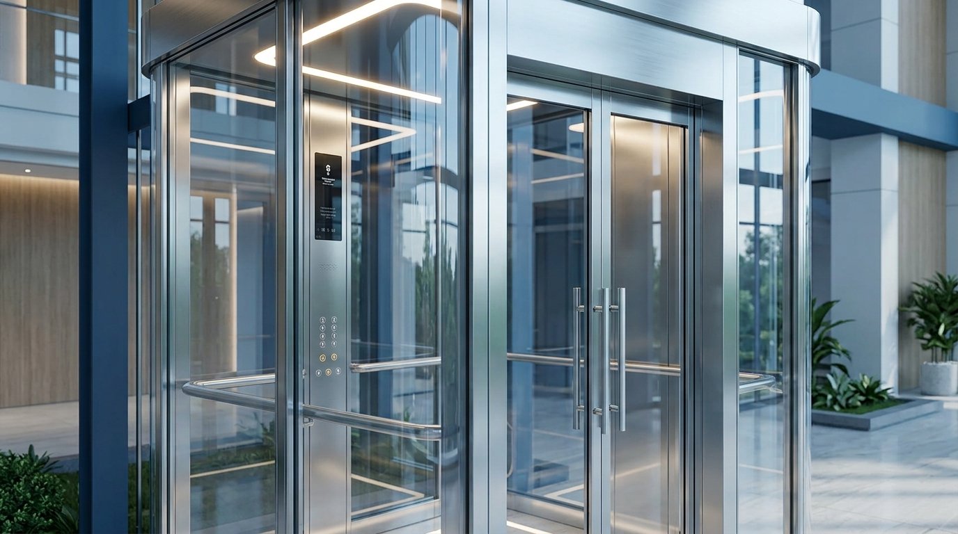 A close-up architectural product photograph of the curved glass and brushed stainless steel automatic doors of the capsule elevator cabin, showcasing precise engineering and elegant finishes, set within a sophisticated showroom environment in Islamabad.