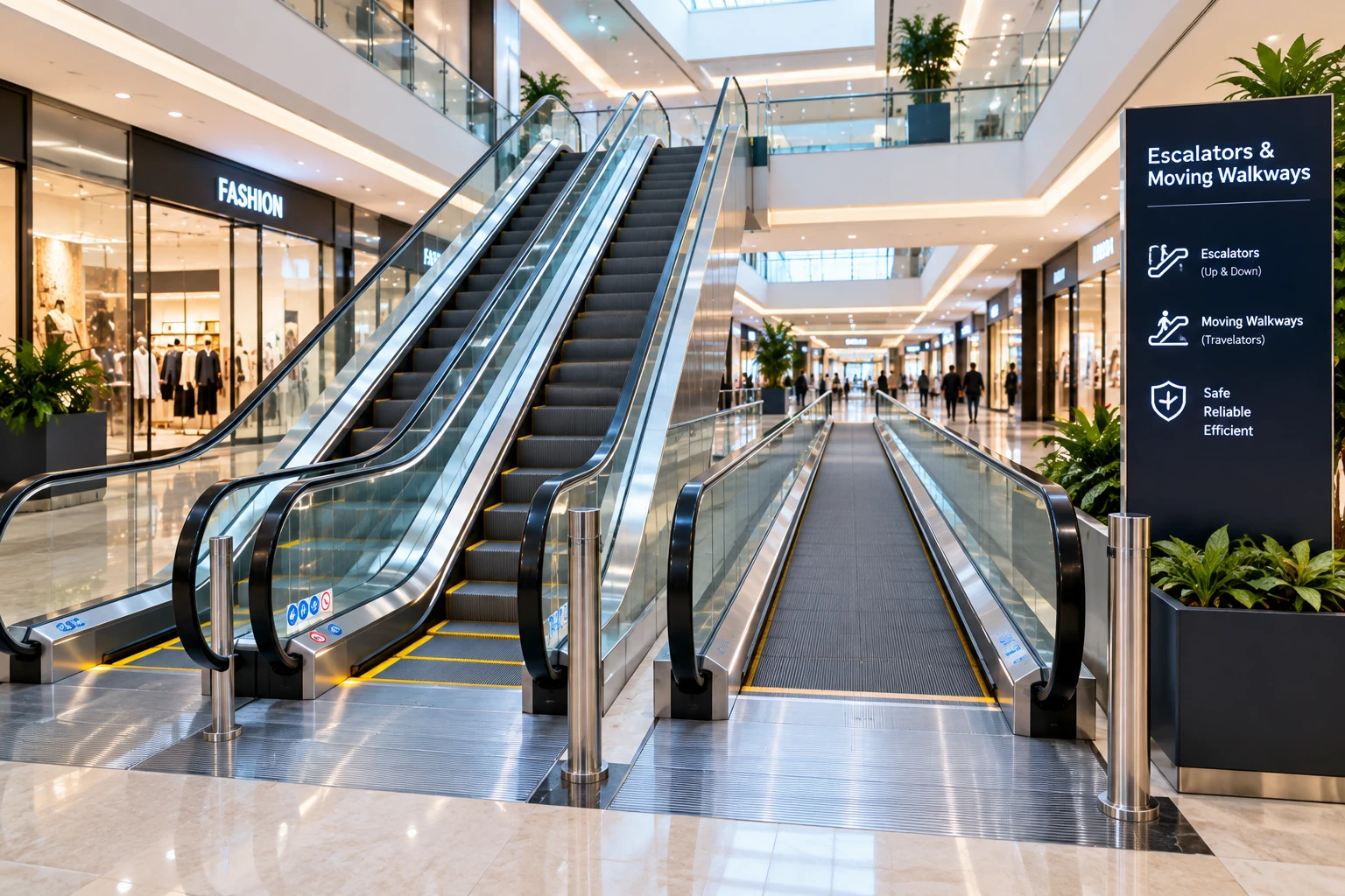 Modern commercial escalators and moving walkway installed inside a shopping mall