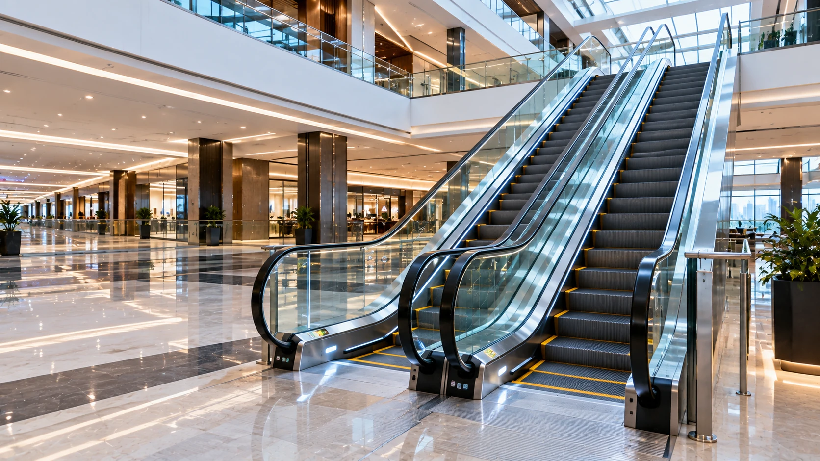 Modern commercial escalators installed in a high-traffic building in Islamabad and Rawalpindi, Pakistan