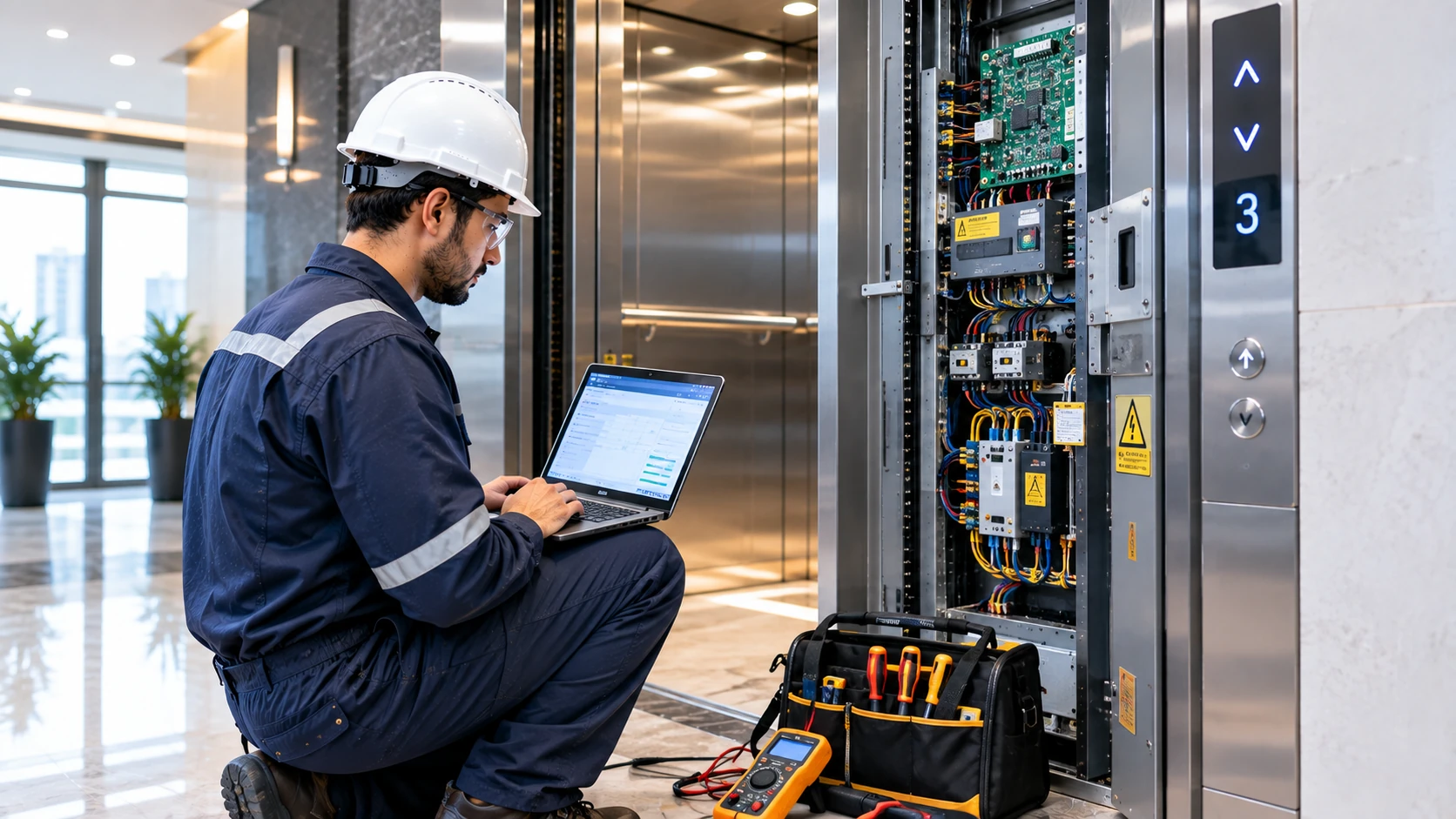 Professional elevator technician performing preventive maintenance and AMC service in Islamabad, Pakistan