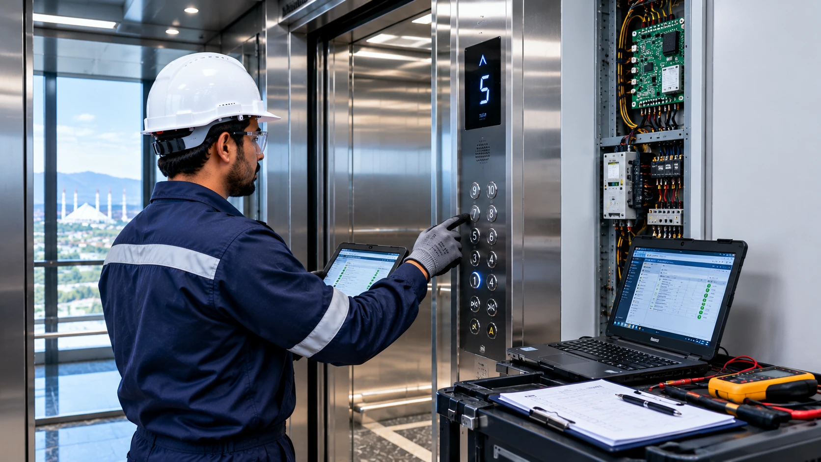 Professional technician upgrading elevator buttons and digital display during modernization in Islamabad, Pakistan