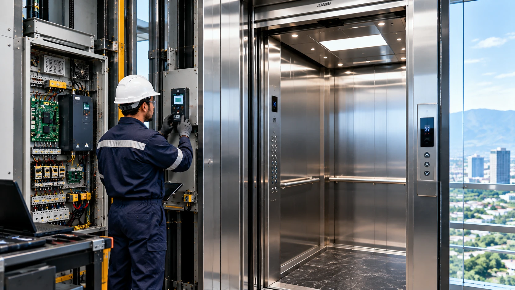 Modernized elevator cabin with new interior finishes and control panel in Islamabad, Pakistan