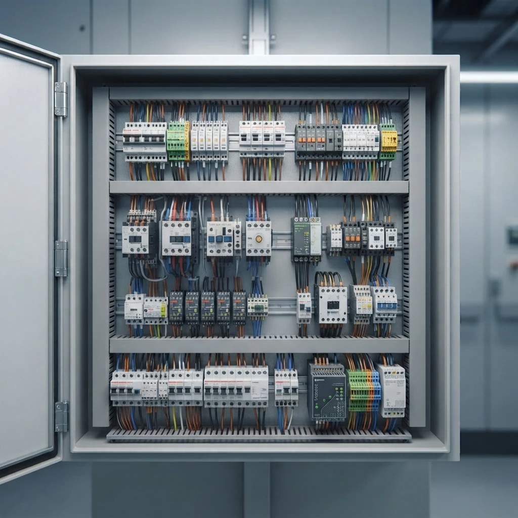 A detailed photograph of an open elevator control cabinet revealing a complex, organized array of traditional industrial relays, contactors, timers, and neatly loomed wiring, representing a professional modernization upgrade.