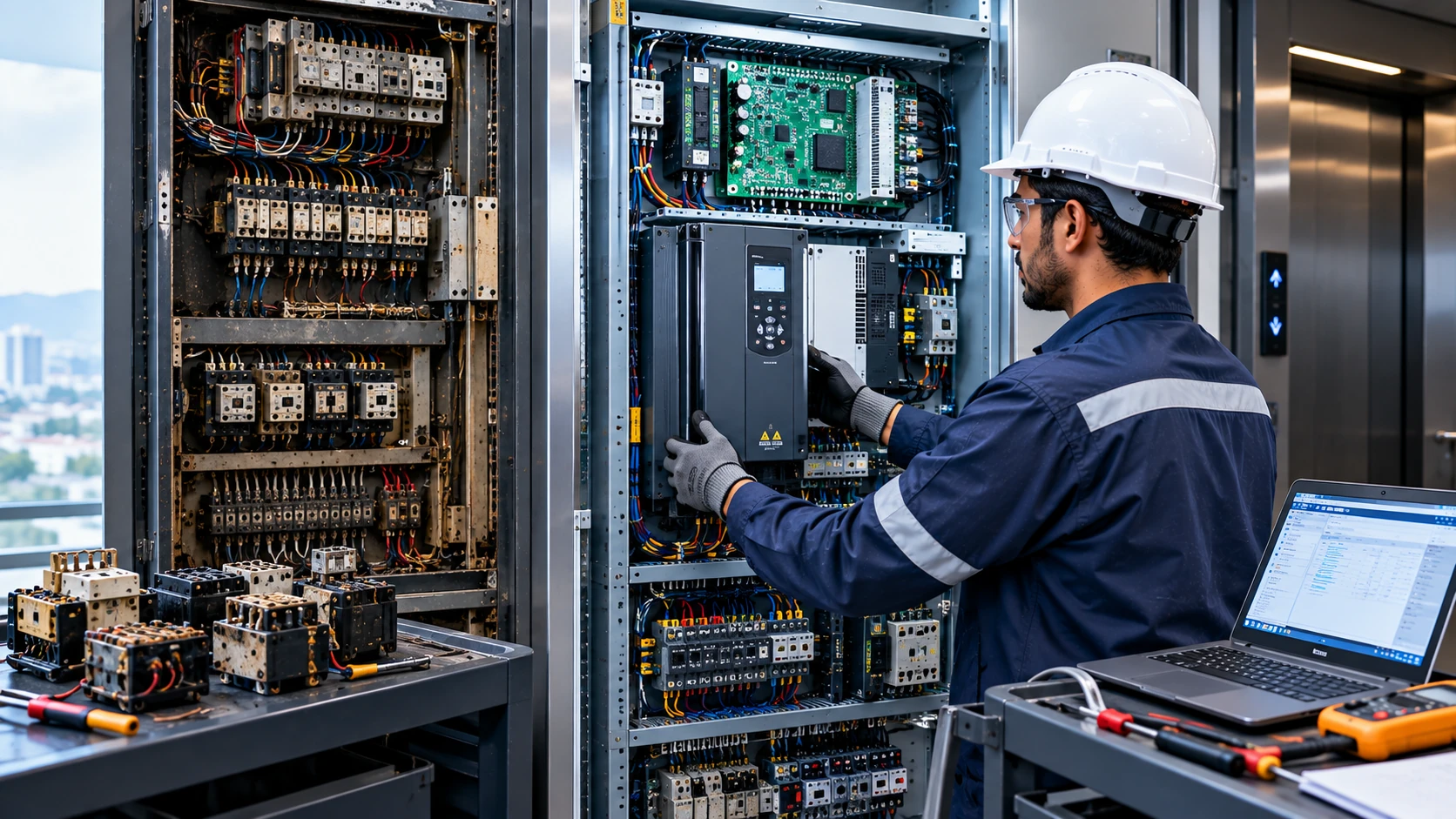 Professional technician upgrading an elevator controller and control system in Islamabad, Pakistan