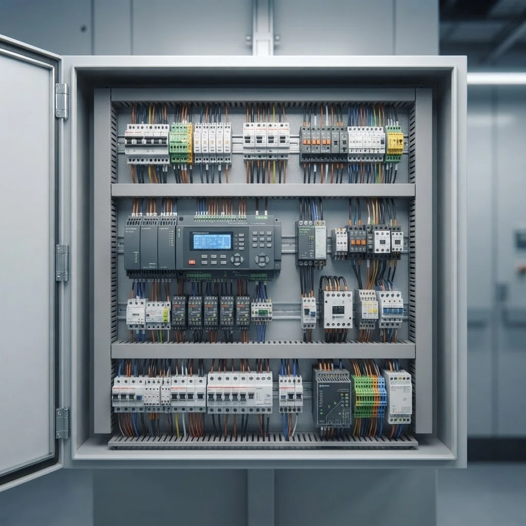 A detailed close-up photograph of a modern elevator digital floor indicator and display PCB, showing LED components, microchips, and connectors integrated into a stainless steel operating panel.