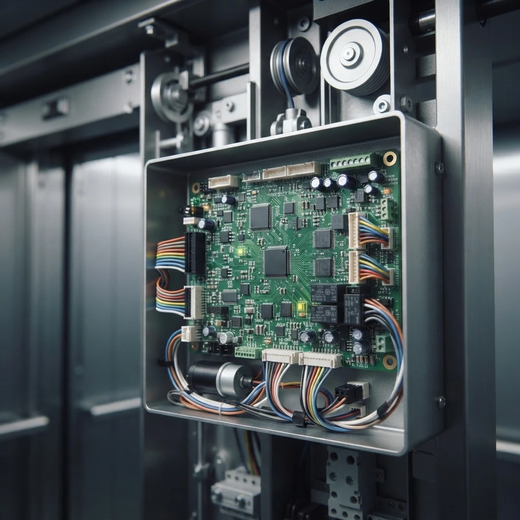 A detailed close-up photograph of a green elevator door operator PCB installed within a metal control housing, featuring integrated wiring harnesses and electronic components, with the mechanical door system visible in the background.