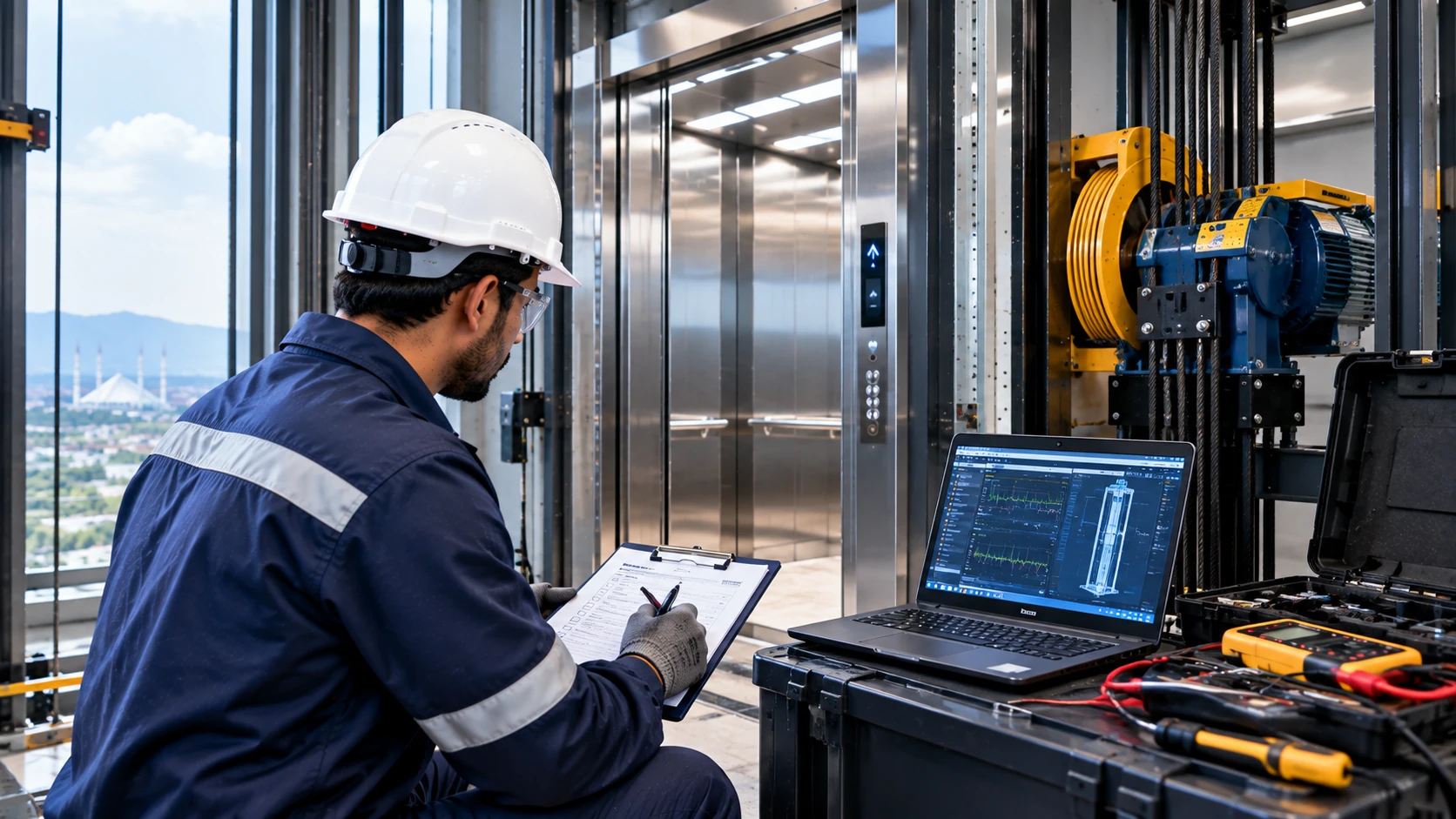 Professional technician replacing an elevator door operator during modernization in Islamabad, Pakistan