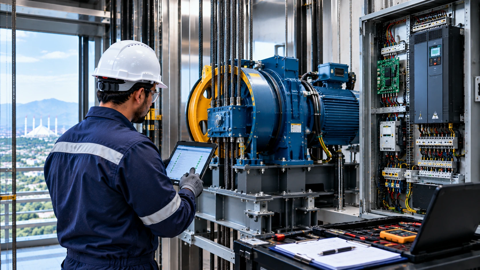 Professional technician upgrading elevator door operator and safety system in Islamabad, Pakistan